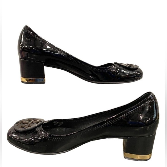 Tory Burch Amy Patent Leather Block Heel Pumps Black Gold Trim Logo Size 8 M - Picture 3 of 13